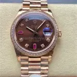 8+ Factory Counterweight Rolex Day-Date 118235 36mm Diamond Rose Gold Bezel Full Rose Gold Diamond Mope Baguette Diamond Brown Dial
