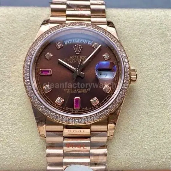 8+ Factory Counterweight Rolex Day-Date 118235 36mm Diamond Rose Gold Bezel Full Rose Gold Diamond Mope Baguette Diamond Brown Dial