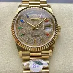 8+ Factory Counterweight Rolex Day-Date 128238-0051 36mm Full Yellow Gold Baguette Diamond Yellow Gold Dial