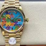 8+ Factory Counterweight Rolex Day-Date 128238-0106 36mm Full Yellow Gold Color Baguette Puzzle Blue Dial