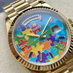 8+ Factory Counterweight Rolex Day-Date 128238-0106 36mm Full Yellow Gold Color Baguette Puzzle Blue Dial