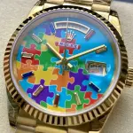 8+ Factory Counterweight Rolex Day-Date 128238-0106 36mm Full Yellow Gold Color Baguette Puzzle Blue Dial