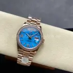 8+ Factory Counterweight Rolex Day-Date 128345RBR-0064 36mm Diamond Bezel Full Rose Gold Roman Numerals Diamond Blue Dial