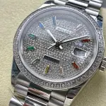 8+ Factory Counterweight Rolex Day-Date 128349RBR-0006 36mm Diamond White Gold Bezel Full White Gold Baguette Diamond White Gold Dial