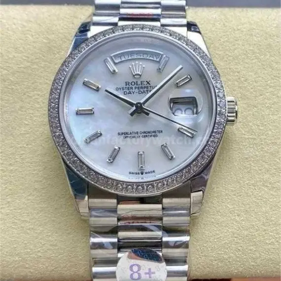 8+ Factory Counterweight Rolex Day-Date 128349RBR-0049 36mm Diamond Bezel Full 904L Baguette Diamond Mother Of Pearl Dial