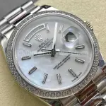 8+ Factory Counterweight Rolex Day-Date 128349RBR-0049 36mm Diamond Bezel Full 904L Baguette Diamond Mother Of Pearl Dial