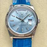 8+ Factory counterweight Rolex Day-Date 36mm 128236-0009 White Gold Crocodile Leather Strap Baguette Diamond Ice Blue Dial