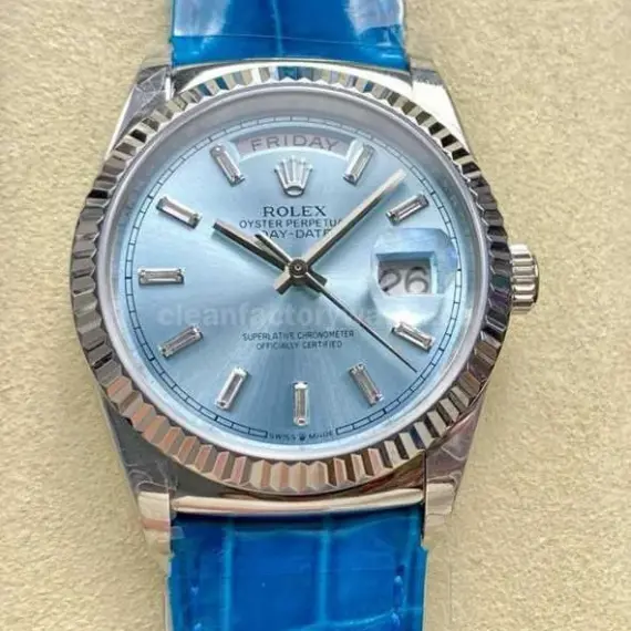 8+ Factory counterweight Rolex Day-Date 36mm 128236-0009 White Gold Crocodile Leather Strap Baguette Diamond Ice Blue Dial