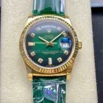 8+ Factory counterweight Rolex Day-Date 36mm 128238-0069 Yellow Gold Crocodile Leather Strap Diamond Mope Baguette Diamond Green Ombré Dial