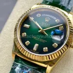 8+ Factory counterweight Rolex Day-Date 36mm 128238-0069 Yellow Gold Crocodile Leather Strap Diamond Mope Baguette Diamond Green Ombré Dial