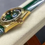 8+ Factory counterweight Rolex Day-Date 36mm 128238-0069 Yellow Gold Crocodile Leather Strap Diamond Mope Baguette Diamond Green Ombré Dial