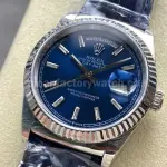 8+ Factory counterweight Rolex Day-Date 36mm 128239-0069 White Gold Crocodile Leather Strap Baguette Diamond Blue Dial
