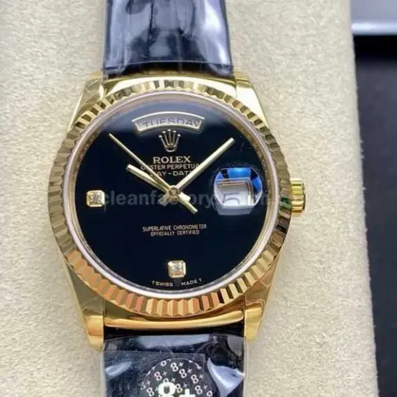 8+ Factory Counterweight Rolex Day-Date 36mm 18238 Yellow Gold Crocodile Leather Strap Diamond Mope Black Dial