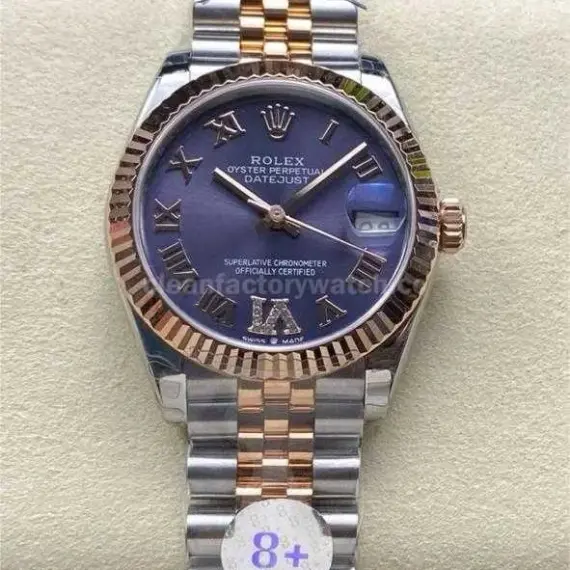8+ Factory Rolexcounterweight Datejust 278271-0020 31mm Half Rose Gold Roman Numerals Diamond Purple Dial Jubilee