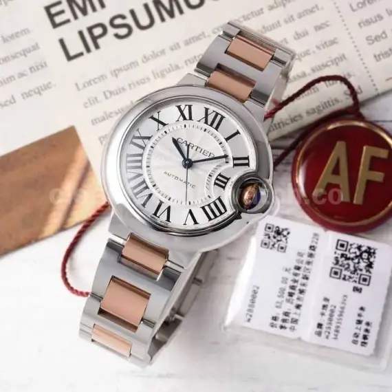 AF Factory Cartier Ballon Bleu W2BB0002 33mm Half Rose Gold Roman Numerals Silver Dial