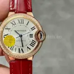 AF Factory Cartier Ballon Bleu WJBB0033 33mm Diamond Bezel Rose Gold Red Leather Strap Roman Numerals Silver Dial