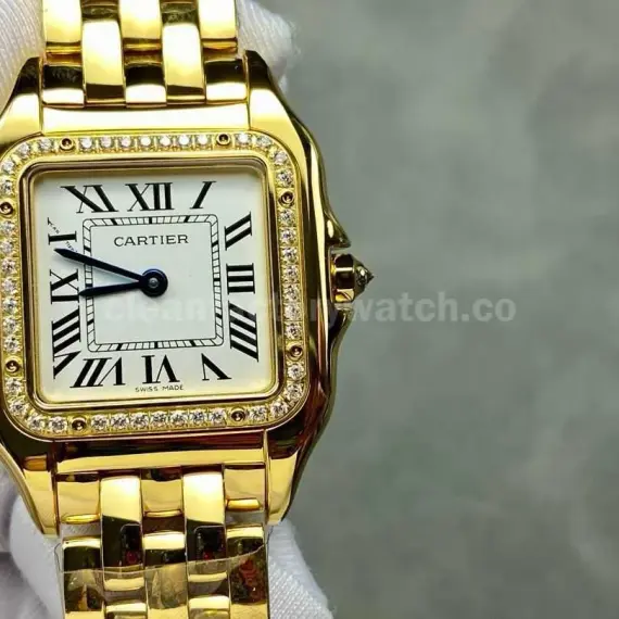 AF Factory Cartier Panthère WJPN0016 27mm Diamond Bezel Full Yellow Gold Roman Numerals Silver Dial