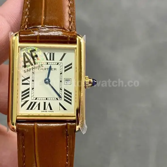 F1 Factory Cartier Tank Louis Cartier W1529856 22mm Yellow Gold Brown Leather Strap Roman Numerals Silver Dial