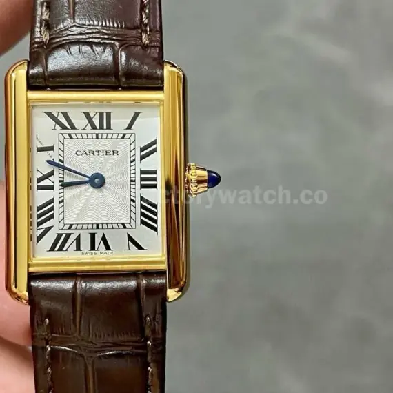 F1 Factory Cartier Tank Louis Cartier W1529856 22mm Yellow Gold Brown Leather Strap Roman Numerals Silver Dial