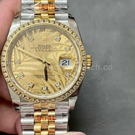 GM Factory Rolex Datejust 126283RBR-0029 36mm Diamond Yellow Gold Bezel Half Yellow Gold Diamond Mop Gold Palm Motif Dial Jubilee