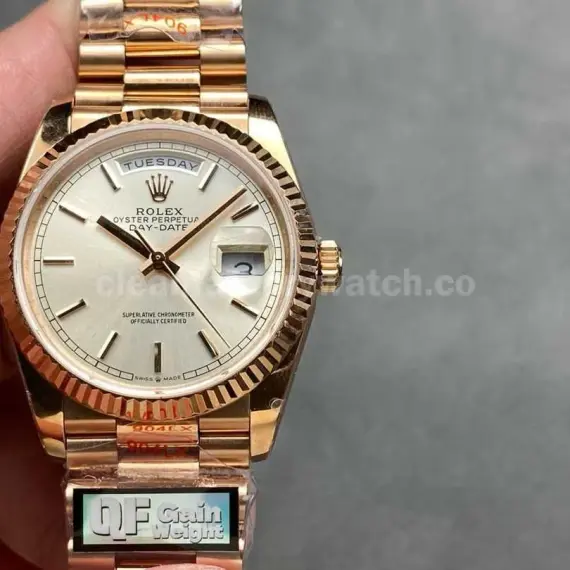 QF Factory Counterweight Rolex Day-Date 128235 36mm Full Rose Gold Silver Dial