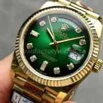 QF Factory Counterweight Rolex Day-Date 128238-0069 36mm Full Yellow Gold Diamond Mope&Baguette Diamond Green Dial
