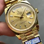 QF Factory Counterweight Rolex Day-Date 128238 36mm Full Yellow Gold Baguette Diamond Gold Dial