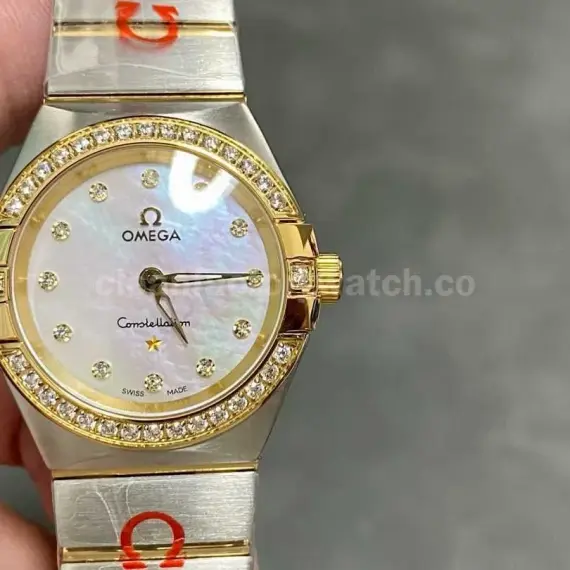 TW Factory Omega Constellation Quartz 123.20.27.60.55.002 27mm Diamond&Gold Bezel Half Gold&Steel Mother Of Pearl Diamond Dial