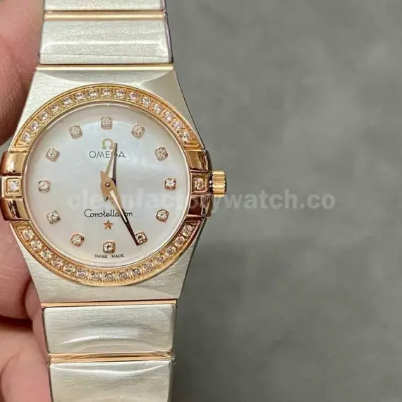 TW Factory Omega Constellation Quartz 123.25.27.60.55.007 27mm Diamond&Rose Gold Bezel Half Rose Gold Steel Mother Of Pearl Diamond Dial